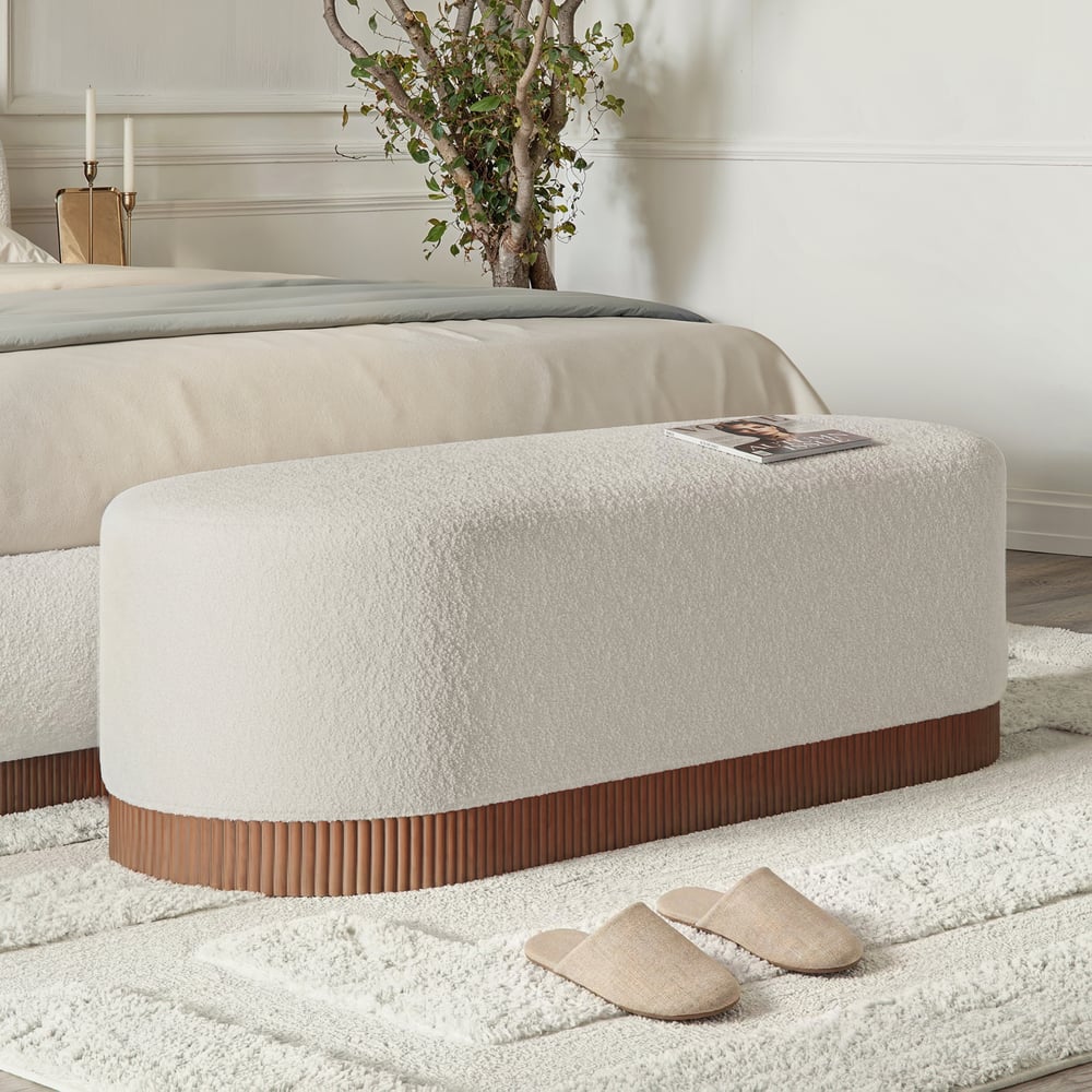 59"W Boucle Upholstered Bedroom Bench with Fluted Base window image