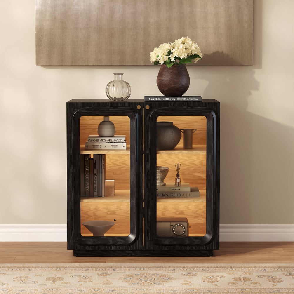 Soporte de TV de 94" con gabinete de cómoda con almacenamiento y LED Imagen de ventana