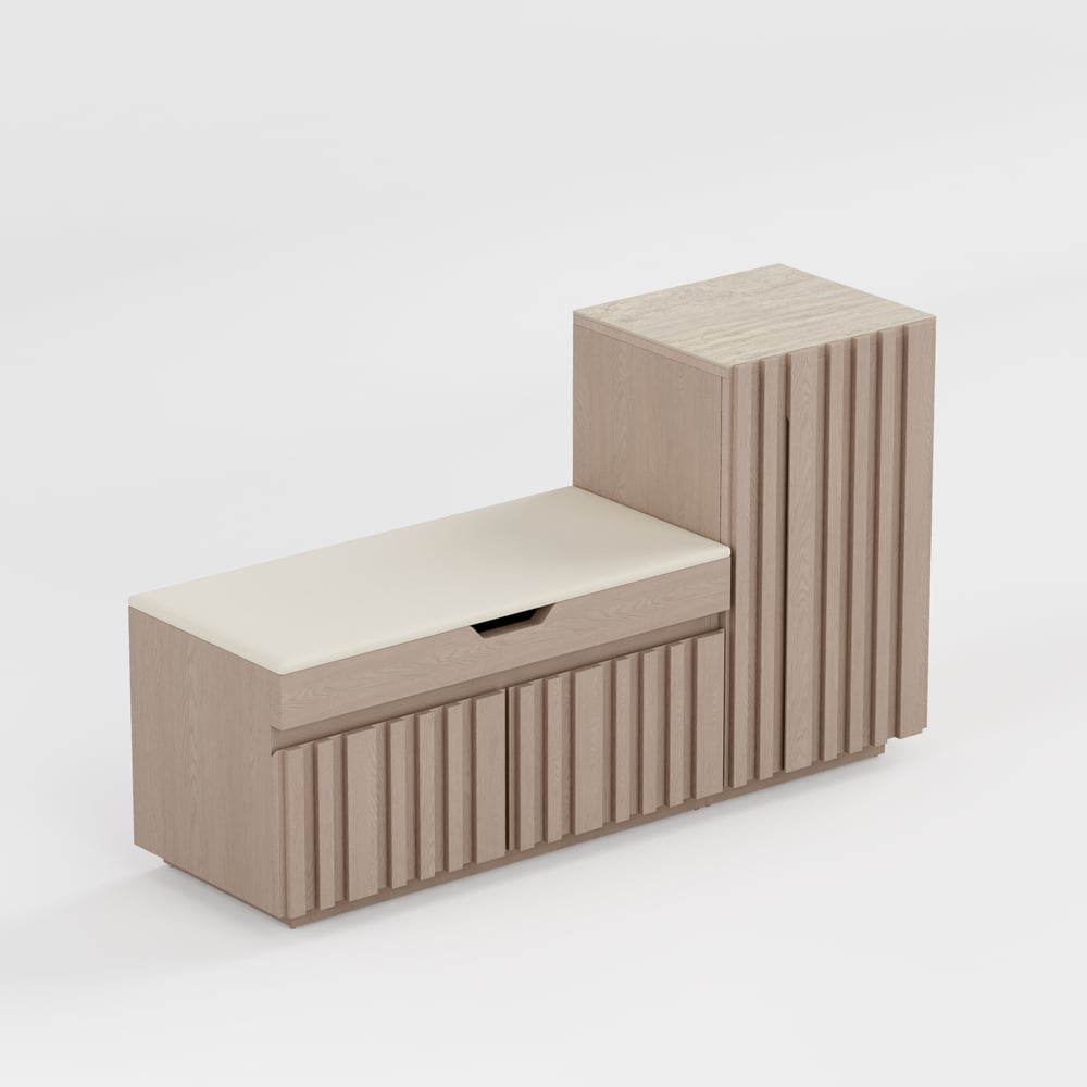 Banc de rangement pour chaussures en bois Aura 47 po avec armoire sur le côté droit pour l'entrée image de fenêtre