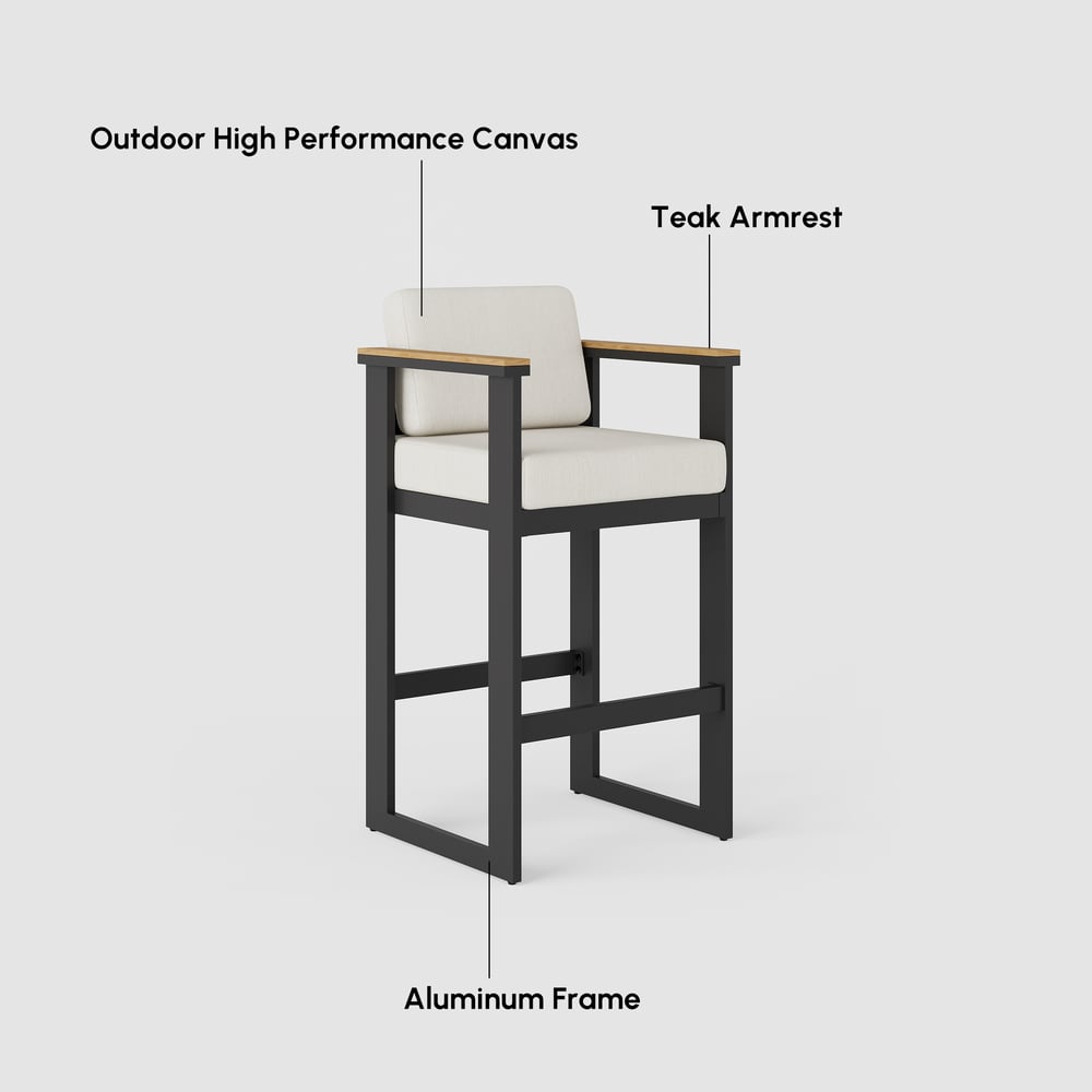 Tevara Outdoor Aluminum Frame & Teak Wood Armrest Bar Stools in Warm White, Set of 2 window image