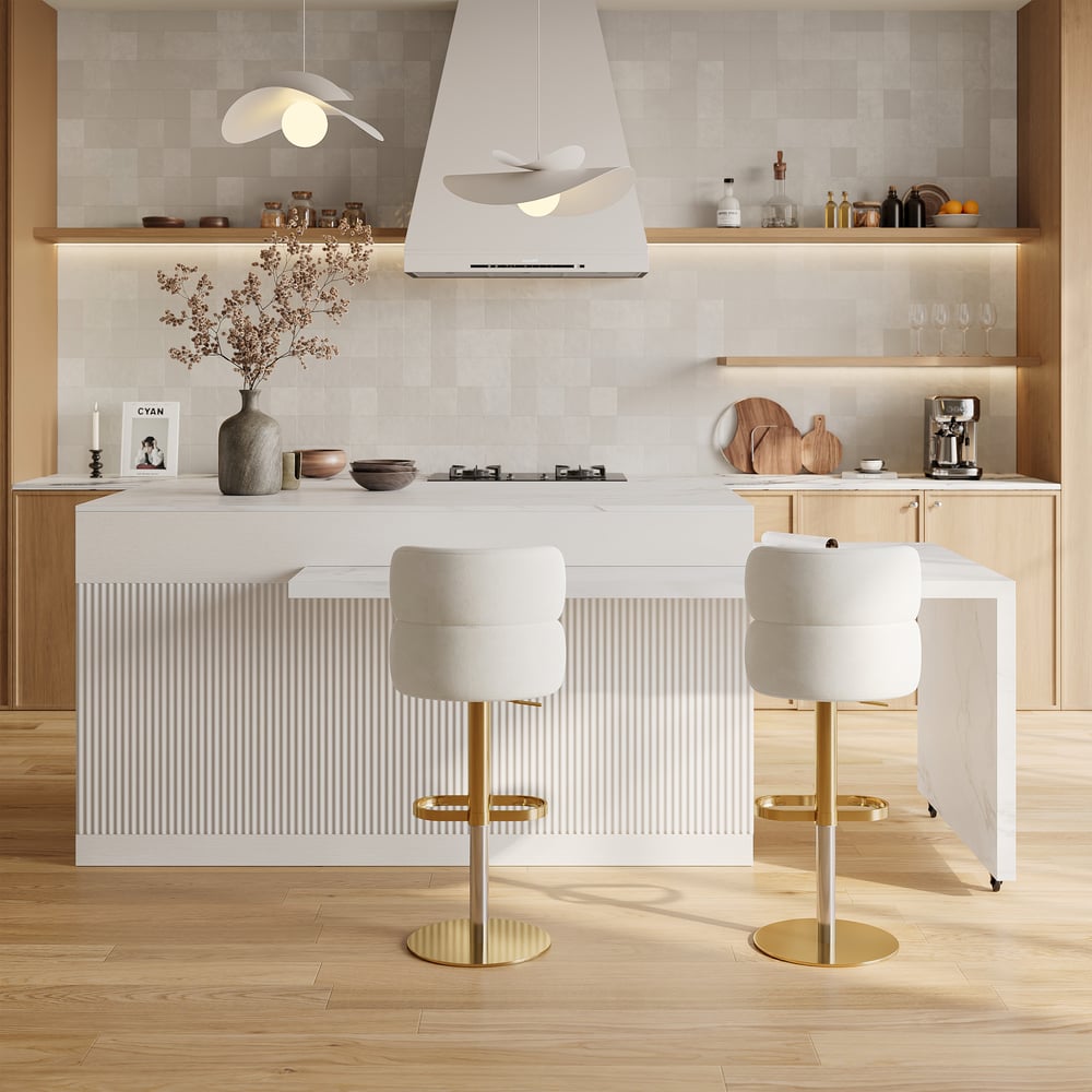 Modern 81"-112" Marble Pattern Kitchen Island with Doors & Drawers, White window image