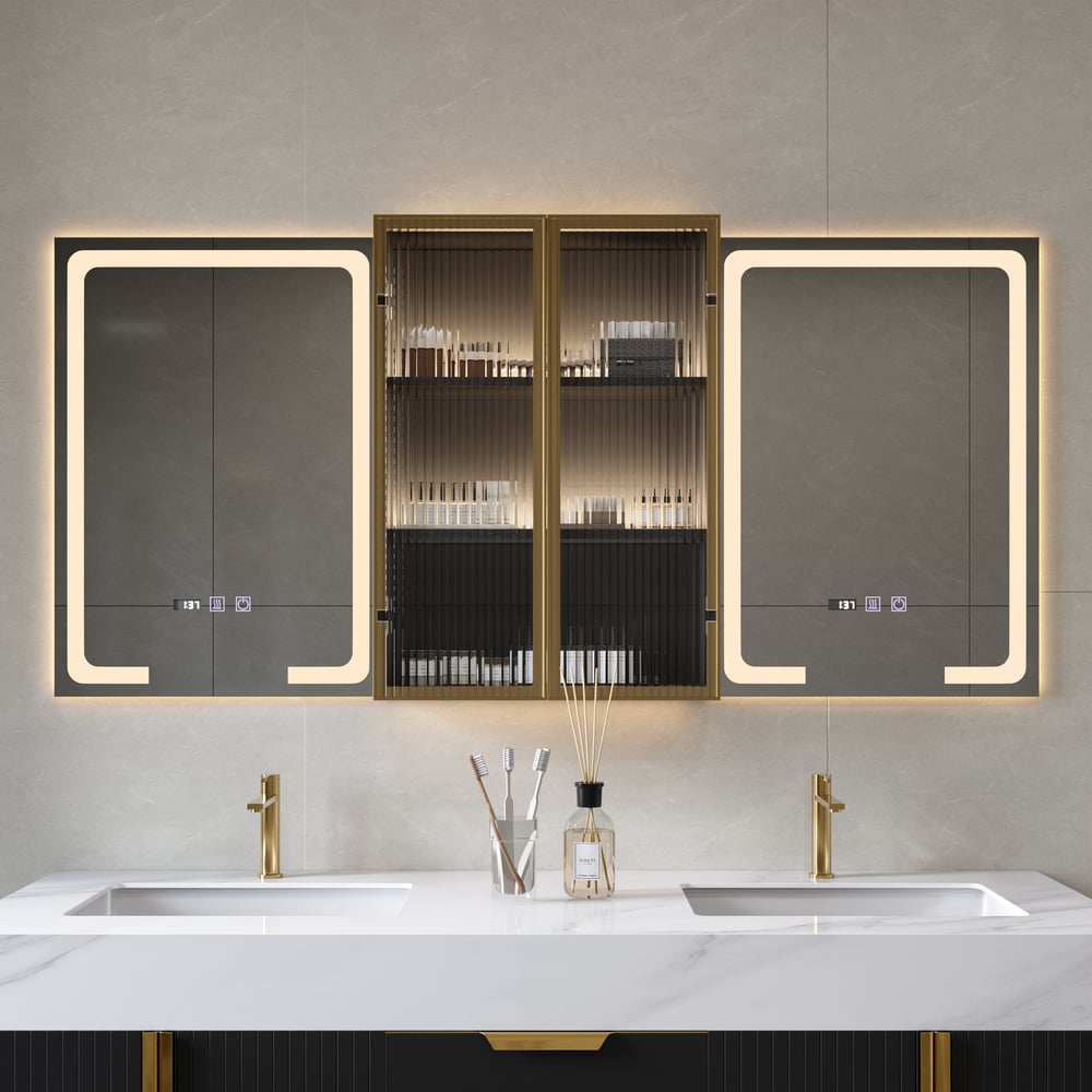 Mobile a specchio LED nero da 150 cm con vano centrale, dimmerabile a 3 colori e antiappannamento Immagine della finestra