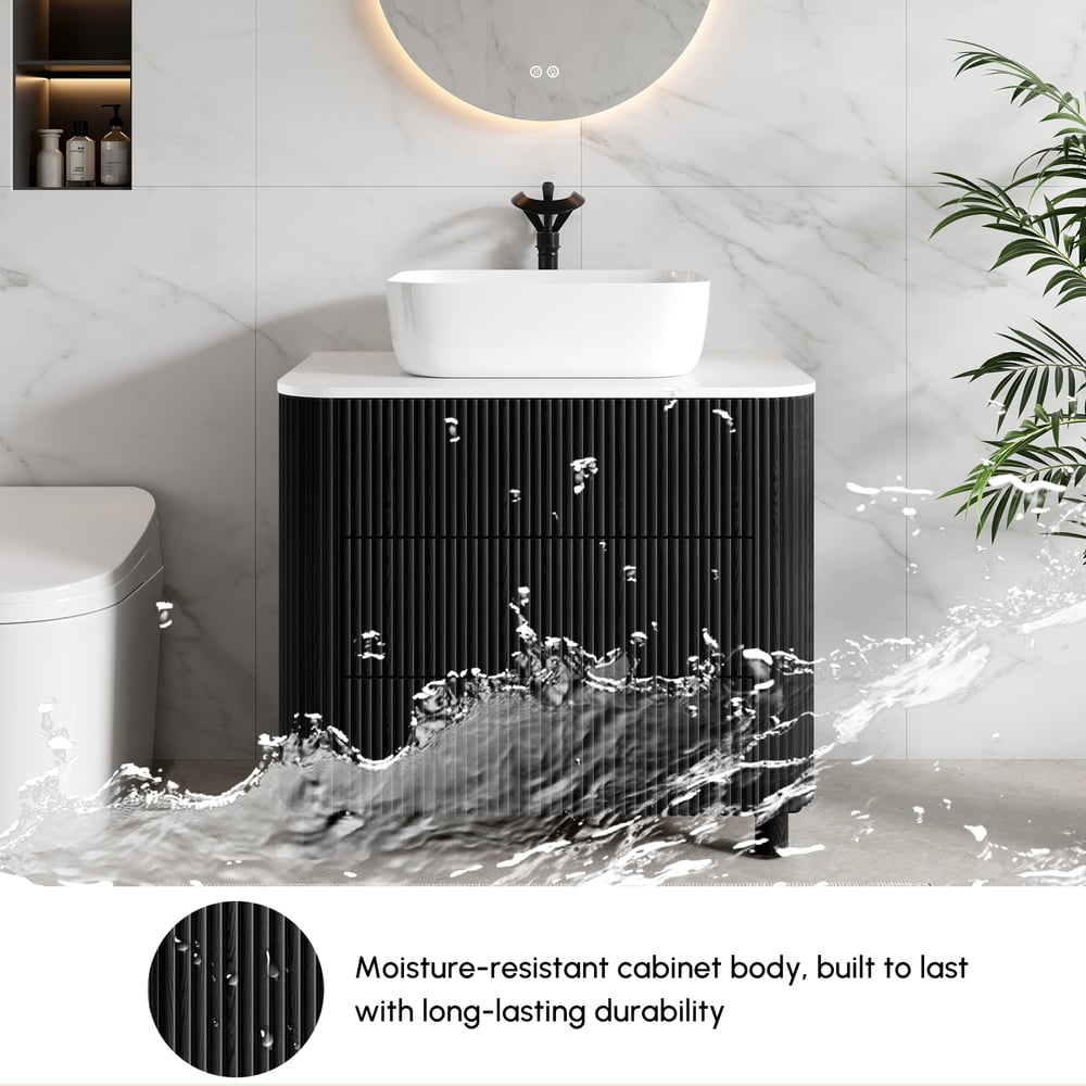 80cm Fluted Freestanding Bathroom Vanity with Vessel Sink, 3-Drawers, Sintered Stone top window image
