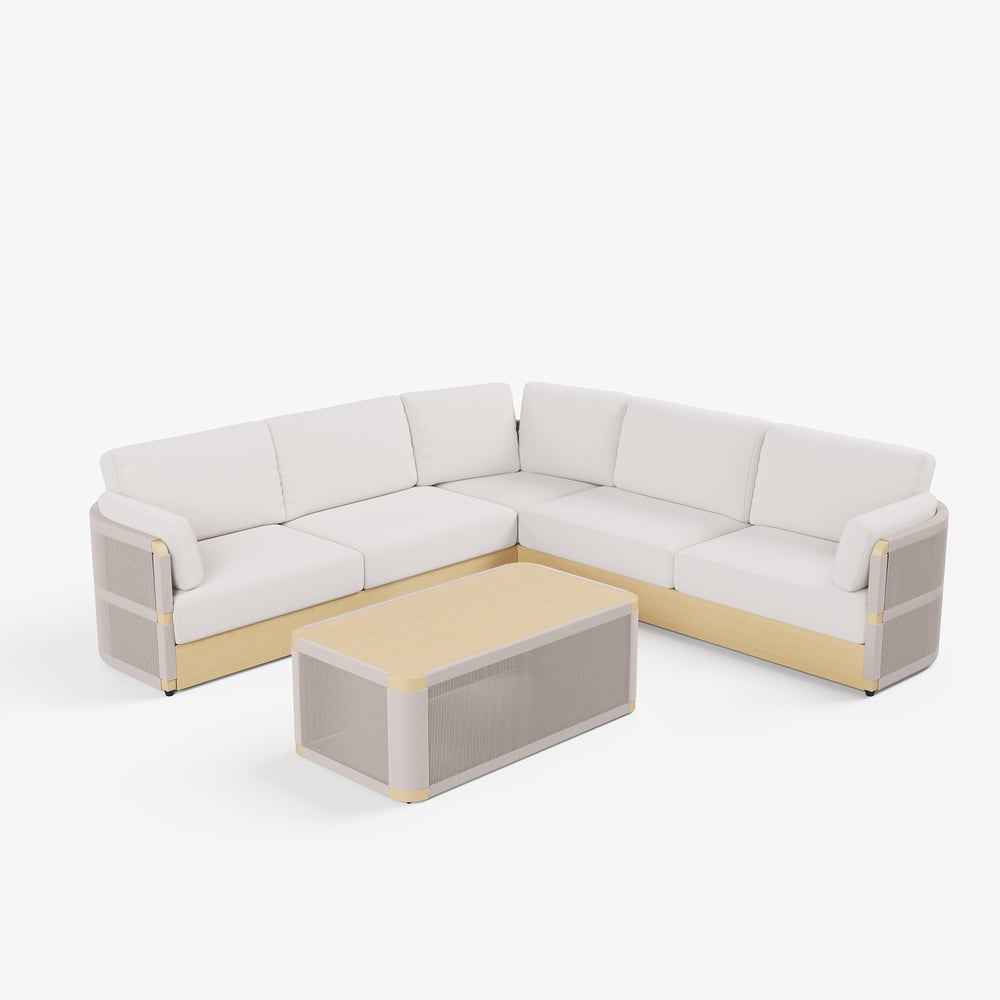 Costra Handwoven Rope L-Shaped Outdoor Sofa with Coffee Table in Ivory window image