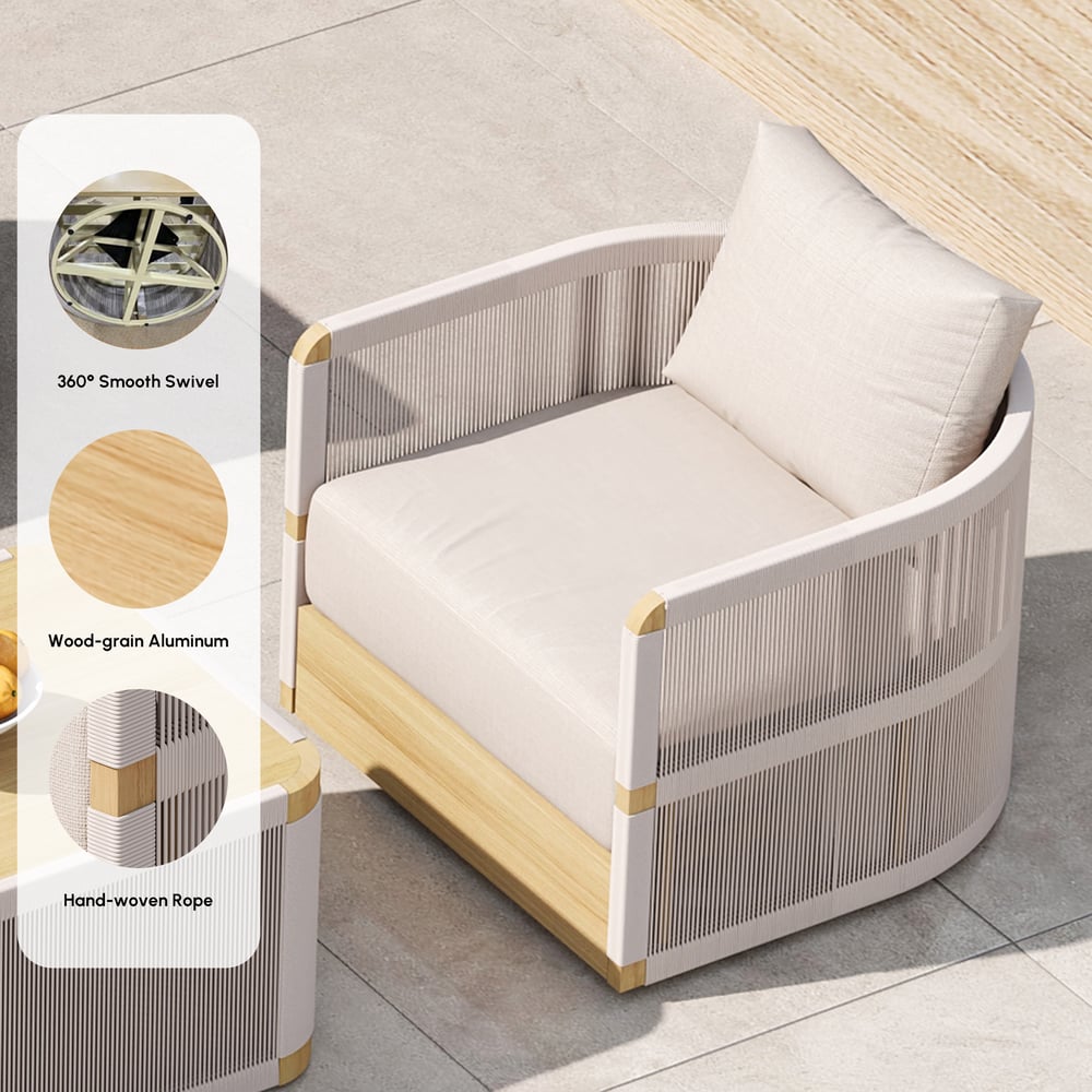 Costra Modern Aluminum & Rope Outdoor Swivel Sofa Set with Coffee Table & Cover in Ivory window image