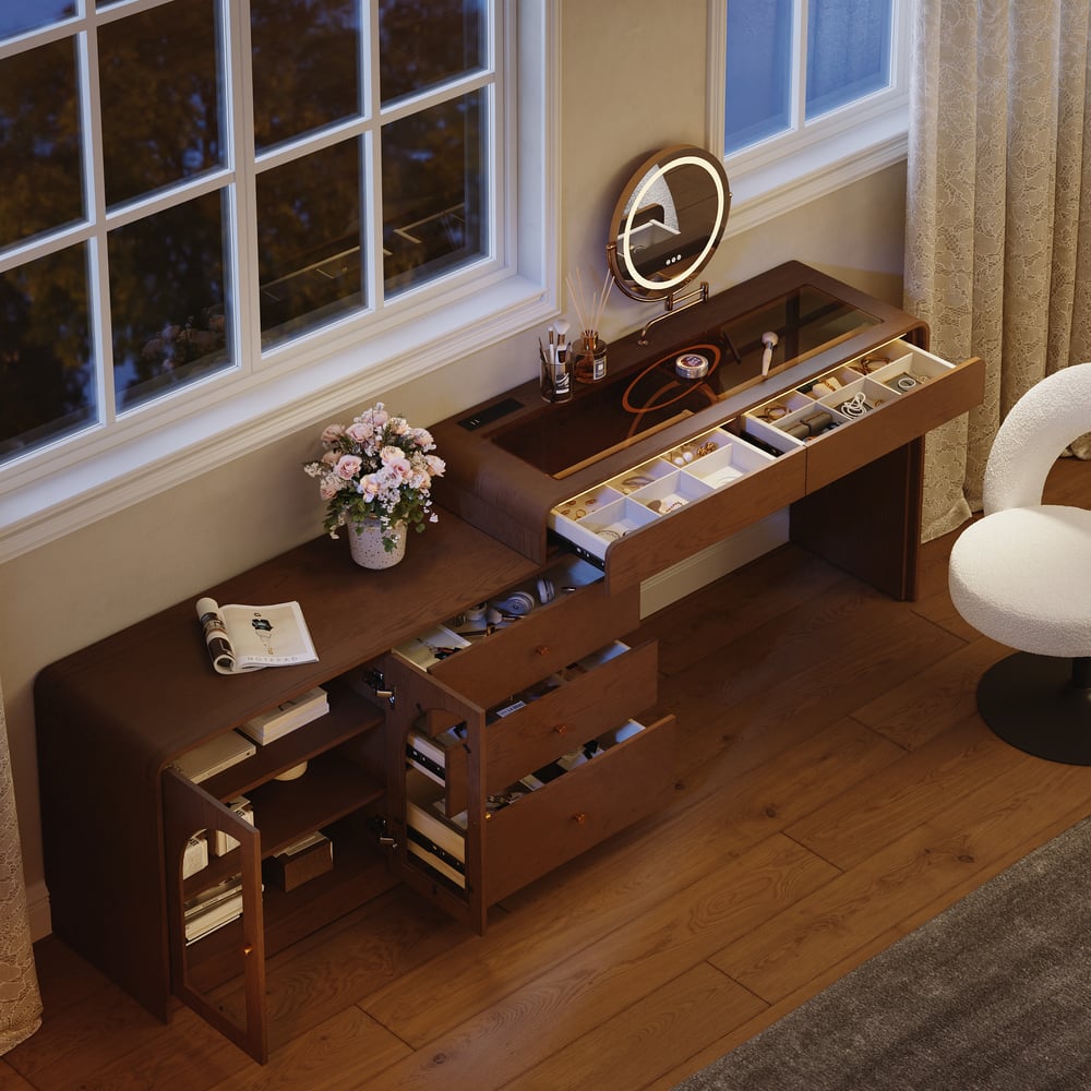 Mid Century Modern Extendable L-Shaped Makeup Vanity Dresser with LED Mirror(49"–91") window image