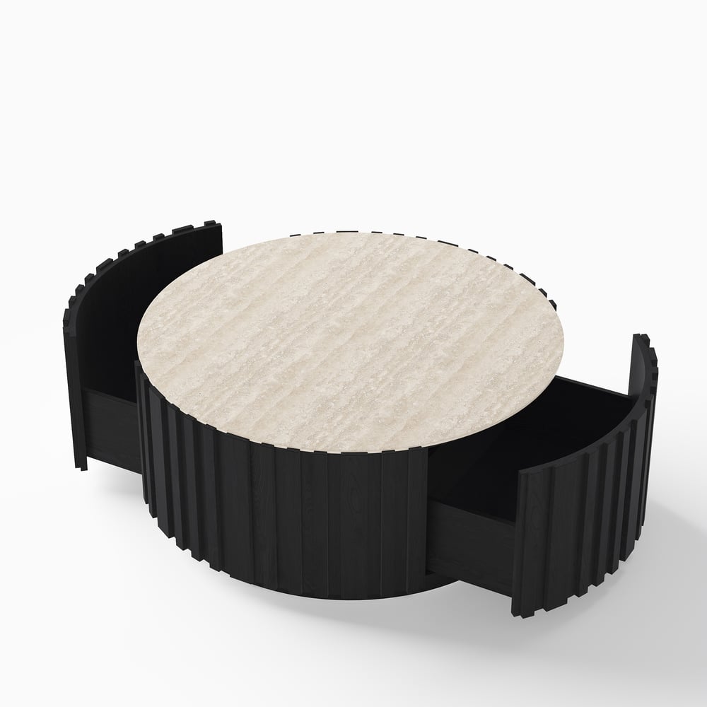 Aura 35" Round Black Slatted Sintered Stone Coffee Table with 2 Drawers window image