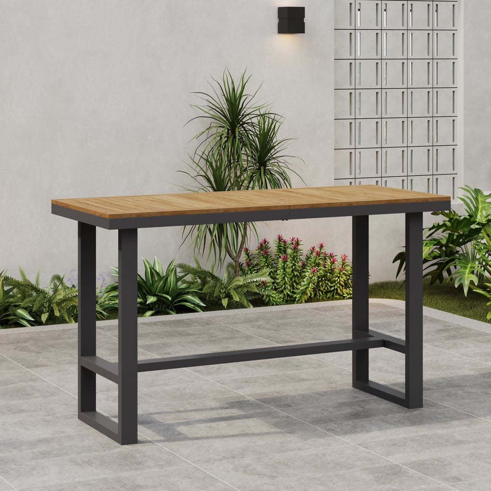 Tevara Outdoor Teak Wood Slat Top & Dark Grey Aluminium Frame Bar Table for Patio window image