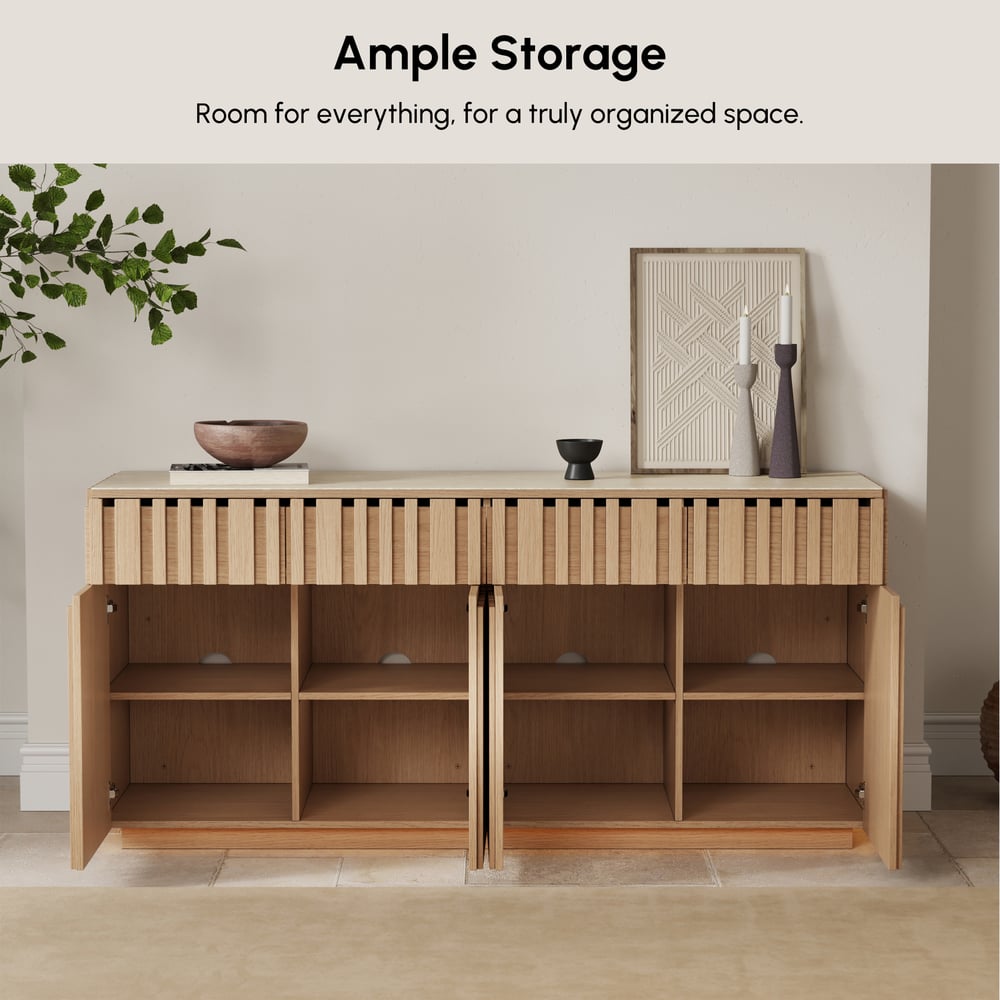 Aura 65" Ash Wood Slatted Natural TV Stand with Sintered Stone Top window image