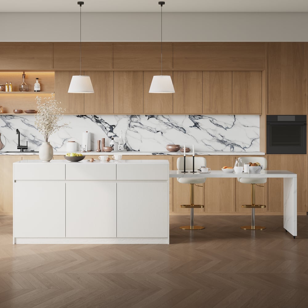 Modern 81"-106" Sintered Stone Kitchen Island with Drawers & Doors, White window image