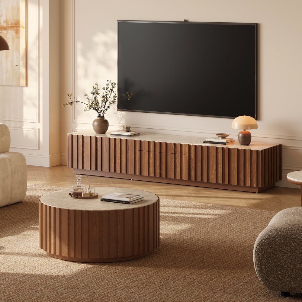 Aura 80" Ash Wood Fluted Walnut Projector TV Stand with Sintered Stone Top window image