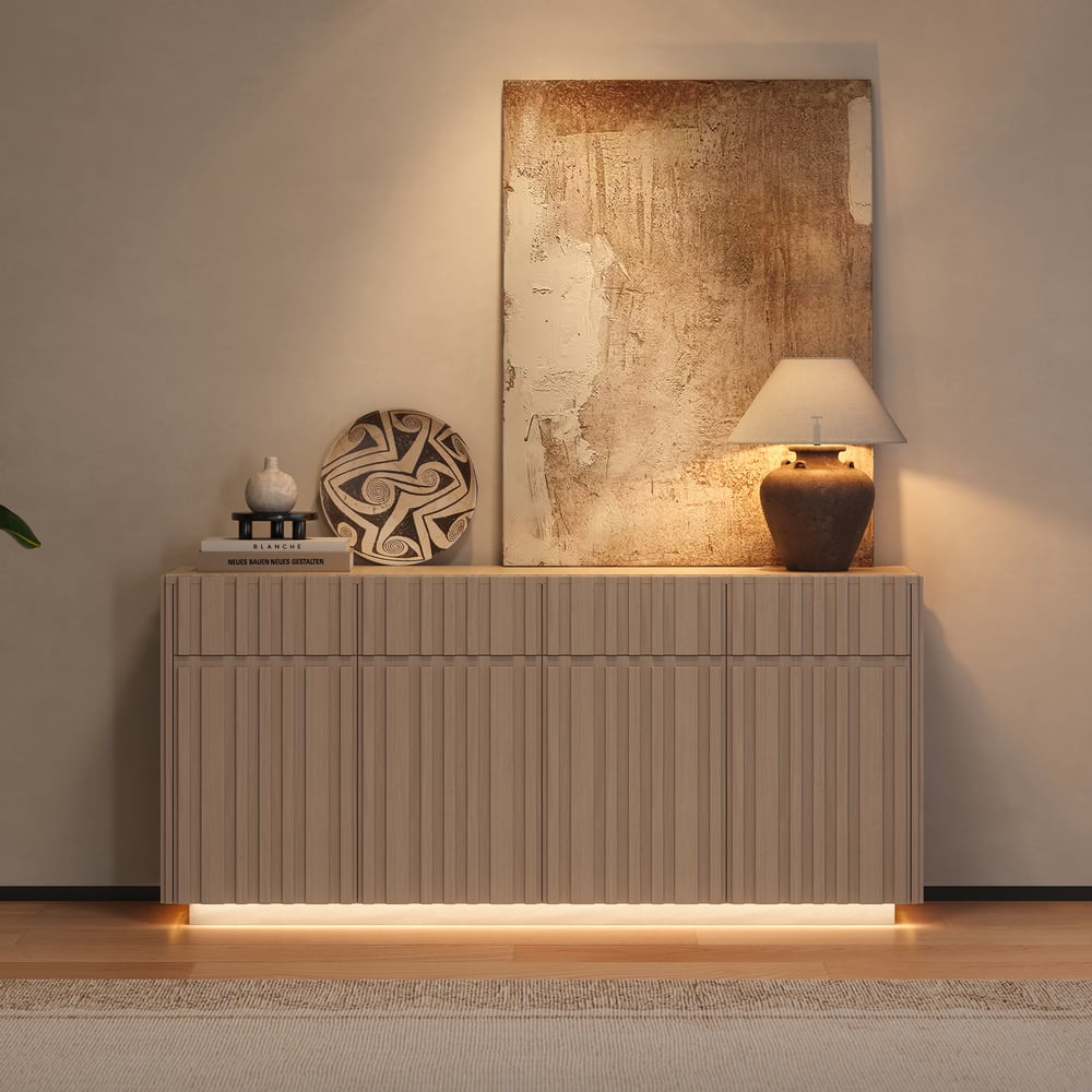 Aura 65" Ash Wood Slatted TV Stand with Sintered Stone Top window image
