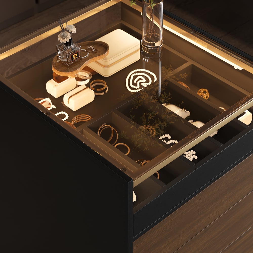 Saddle Leather 7-Dresser Walk-In Closet Island with Light & Jewelry Display window image