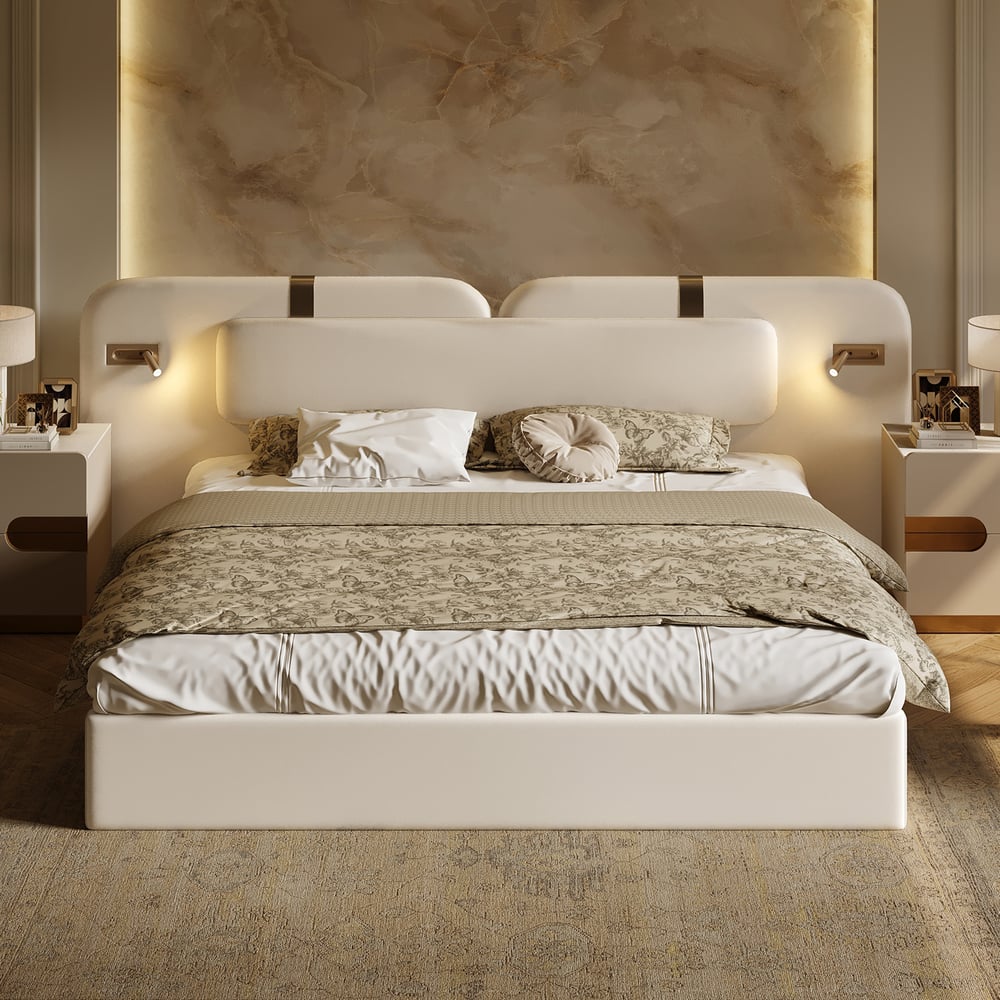 Modern King Size Faux Leather Bed with Wide Headboard Bed & Integrated Lighting window image