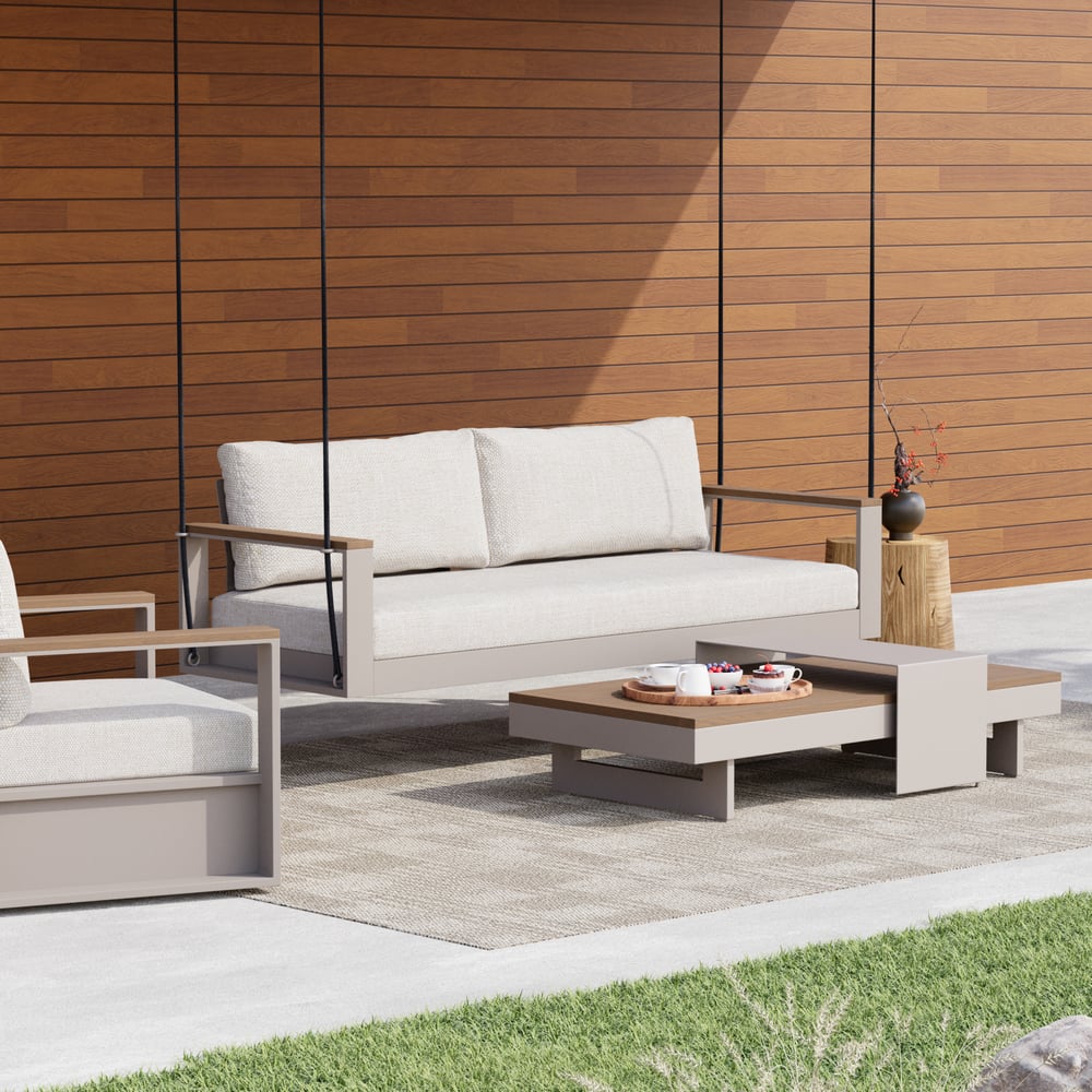 Tevara Outdoor 2-Seater Hanging Swing Sofa in Sand with Black Cover window image