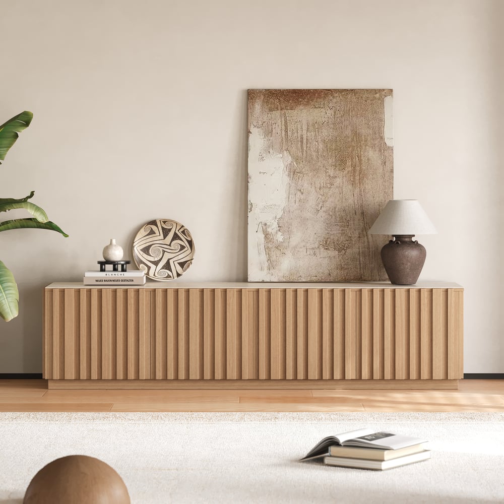 TV Lowboard Aura 213 cm in Grooved Ash in Natural with Sintered Stone Top window image