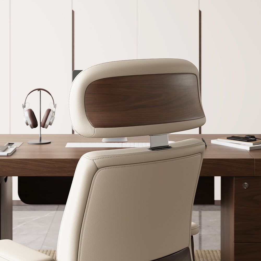 Ivory Genuine Leather Swivel Office Chair with Ergonomic Synchro-Tilt Recline System window image