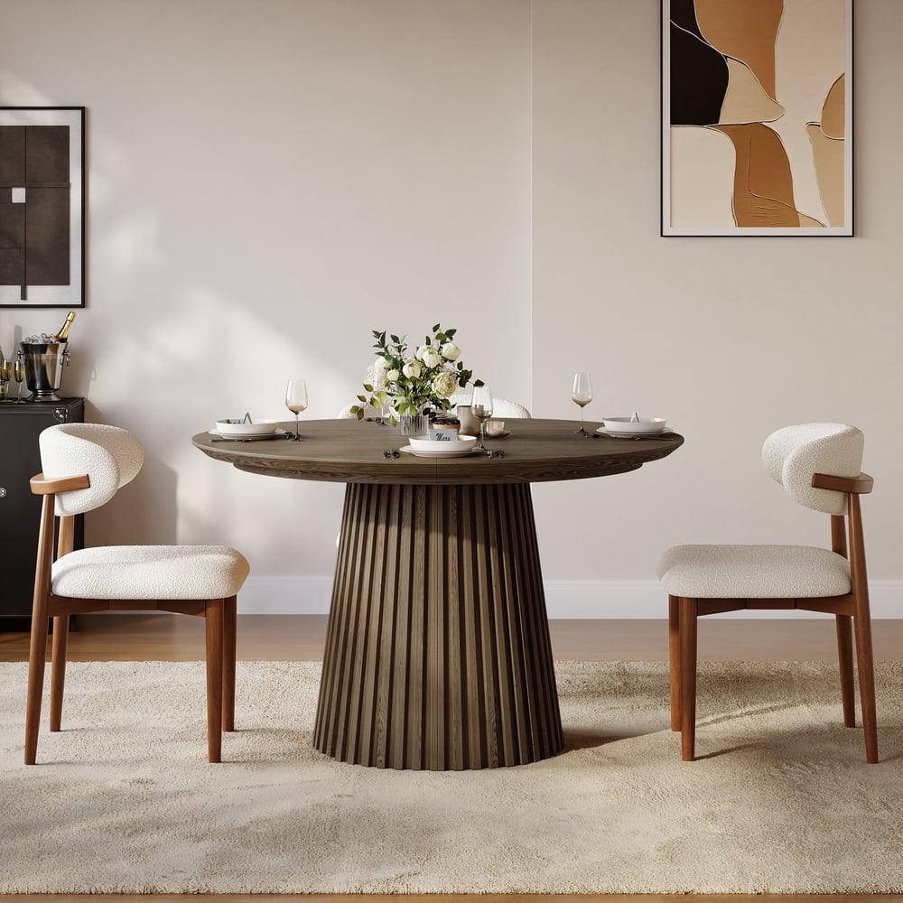 Modern 47"-79" Extendable Smoky Brown Wood Dining Table with Fluted Base, Seats 4-6 window image