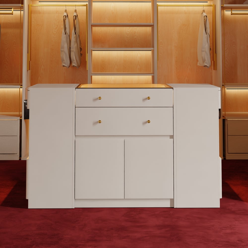 Selvo Saddle Leather Glass Top Closet Island with Storage, Light and Jewelry Display window image