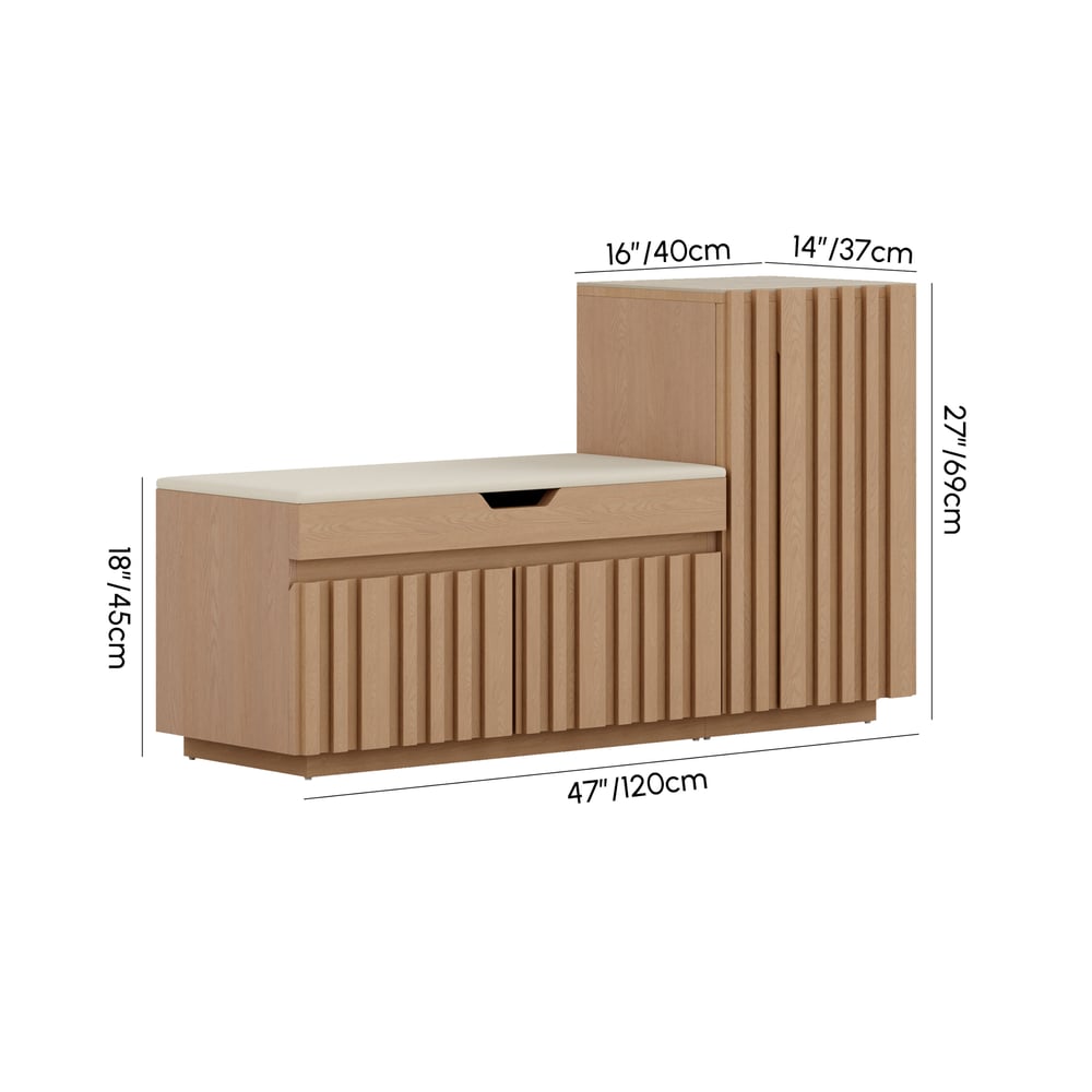 Aura 47” Wooden Shoe Storage Bench with Right-Side Cabinet for Entryway weights dimensions image