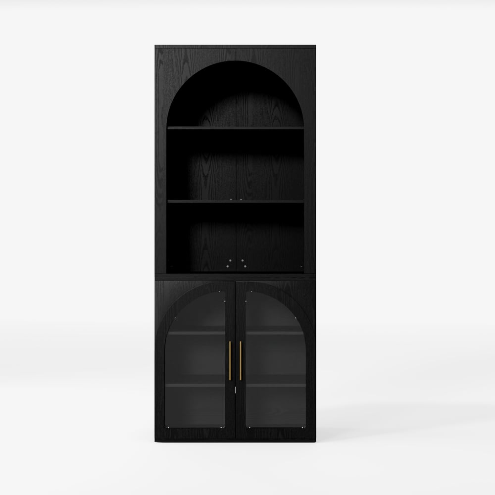 Arune Black Chest Bookcase with Storage Cabinet & LED Light window image