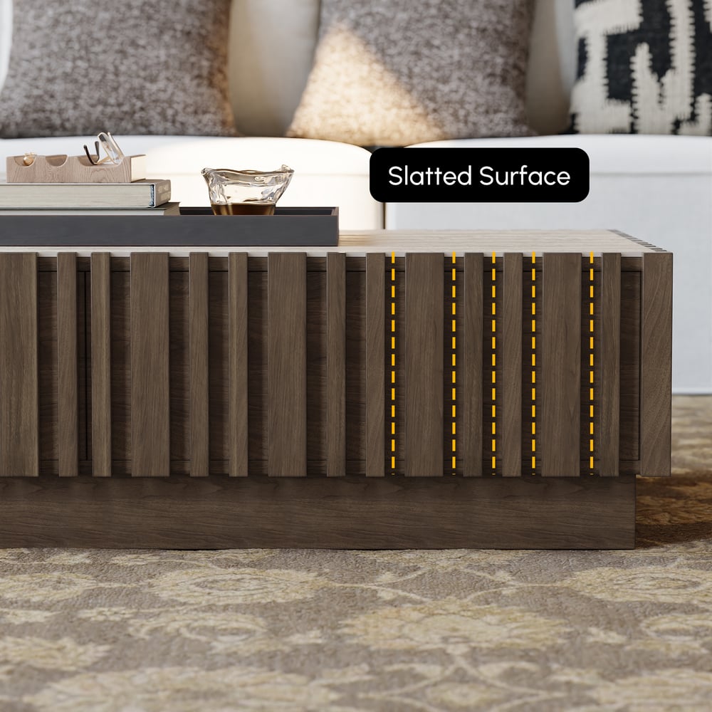 Aura 47" Ash Wood Slatted Coffee Table with Sintered Stone Top window image