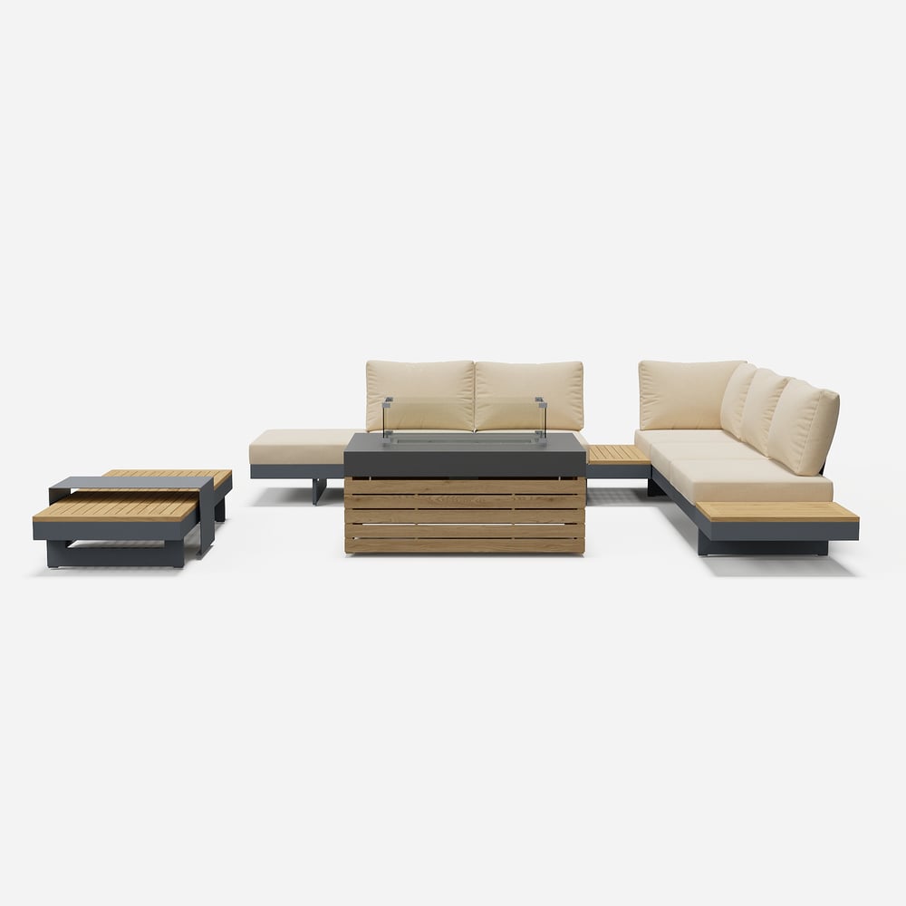 Tevara 5-Pieces Modular Teak Outdoor Sofa Set with Smokeless Fire Pit for 6 in Beige window image