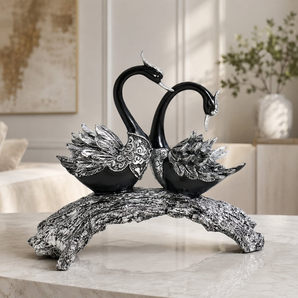 Sculpture de couple de cygnes en résine noir et argent pour décoration de table image de fenêtre