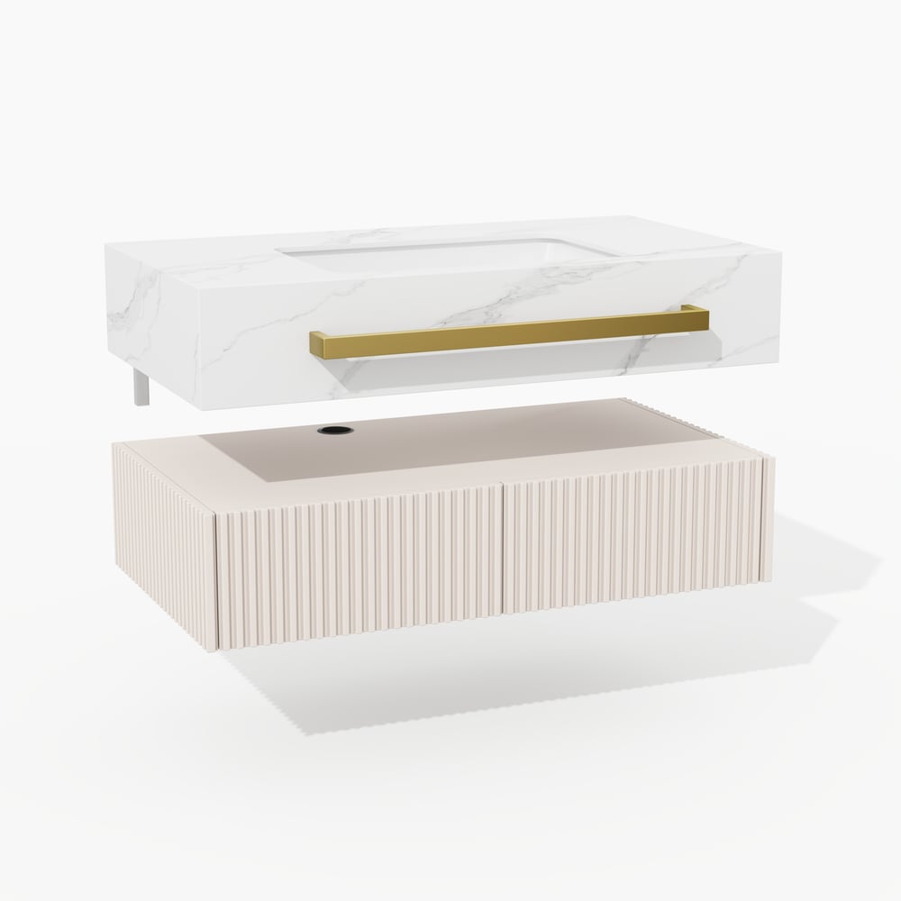 Mueble de baño flotante de 91 cm (36") con doble lavabo, encimera de piedra sinterizada, toallero dorado Imagen de ventana