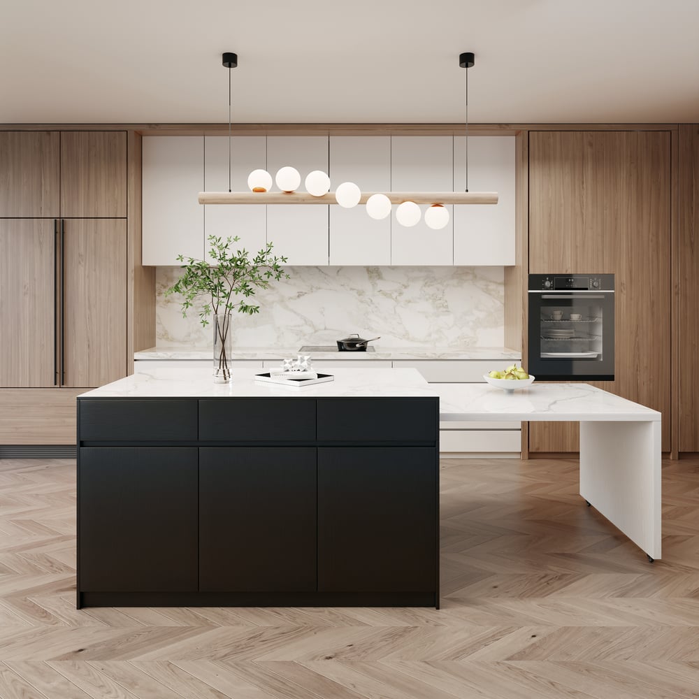 81"–112" Modern Extendable Glossy Sintered Stone Kitchen Island with Storage, White & Black window image