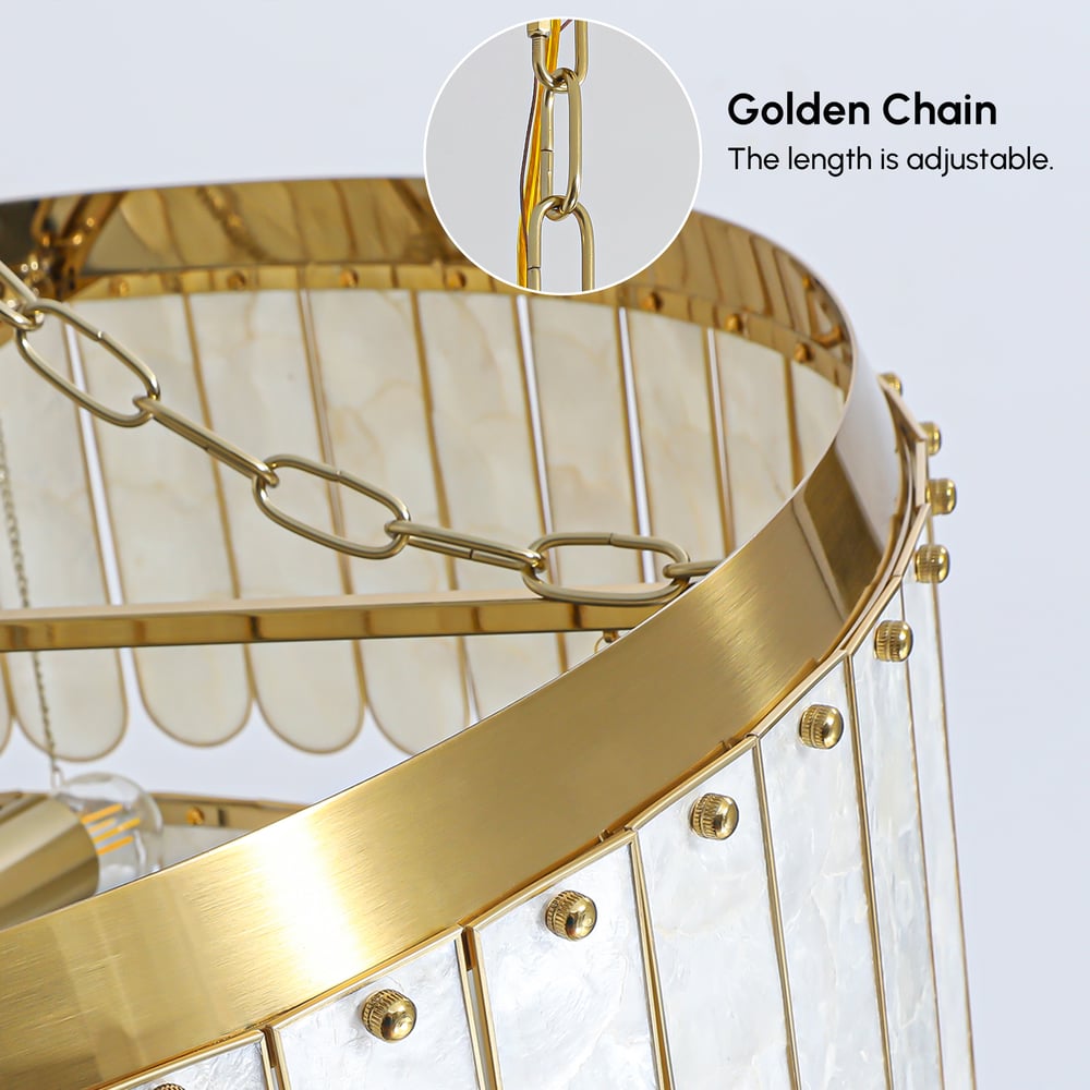 Enseo Coastal 8-Light Capiz Shell 2-Tiered Faceted Chandelier Pendant Light Gold White window image