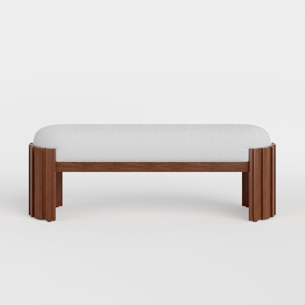 Aura 47” Walnut Wooden Boucle Upholstered Entryway Bench window image
