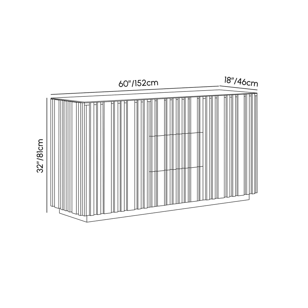 Buffet Aura 152,4 cm (60") avec plateau imitation travertin blanchi, panneaux à lattes en bois de frêne et éclairage Poids, dimensions, image