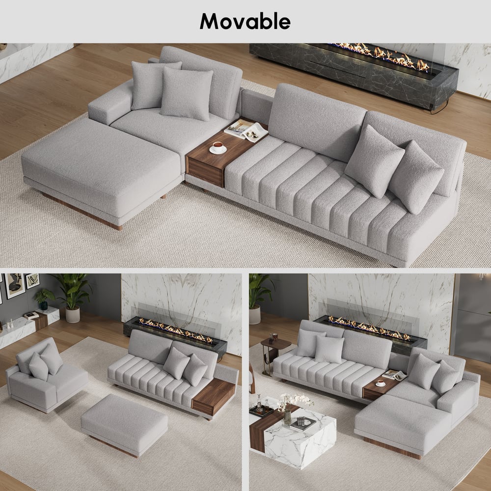 Sofá modular en forma de L Vewal de 320 cm en tela bouclé con chaise longue y otomana Imagen de ventana