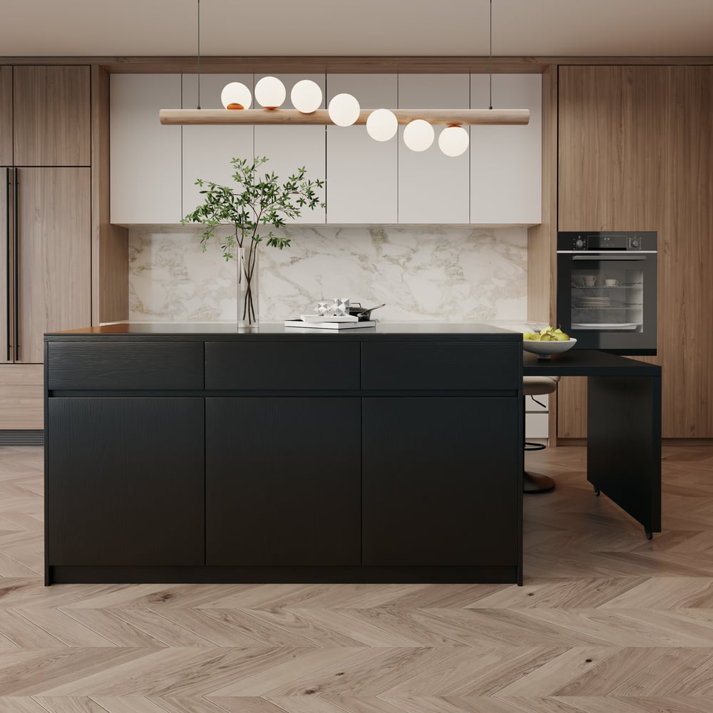 205 - 270 cm Extendable Matte Sintered Stone Kitchen Island with Storage, Black window image