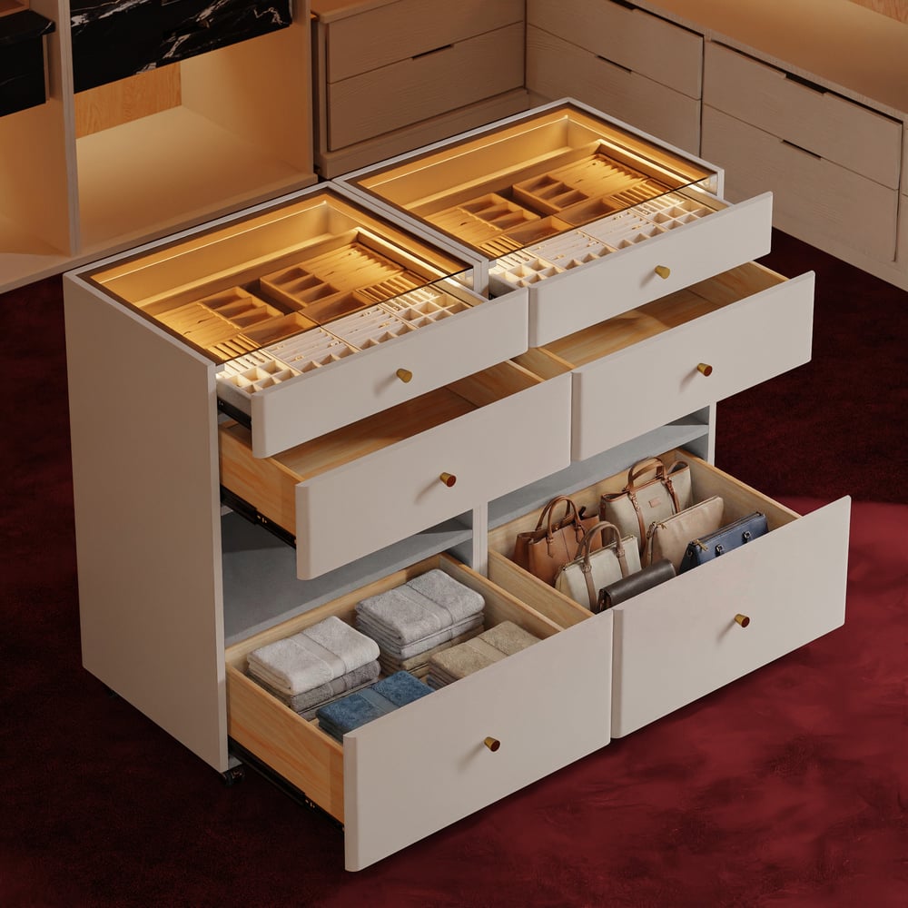 Selvo Walk-In Closet Island Jewelry Dresser with Glass Top & Light Set of 2 window image