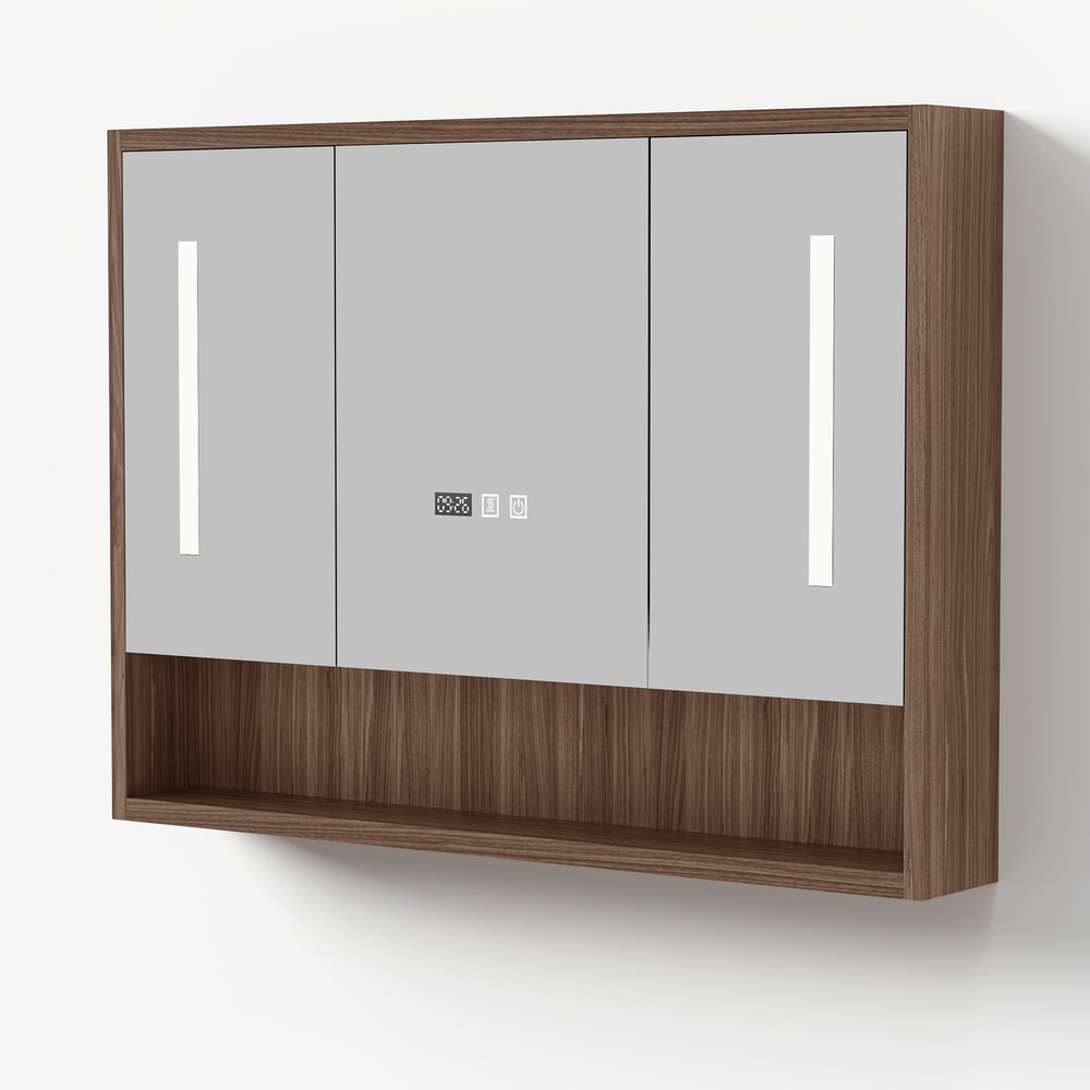 39" Walnut LED Medicine Cabinet with Adjustable Lighting, Demister and Digital Clock window image