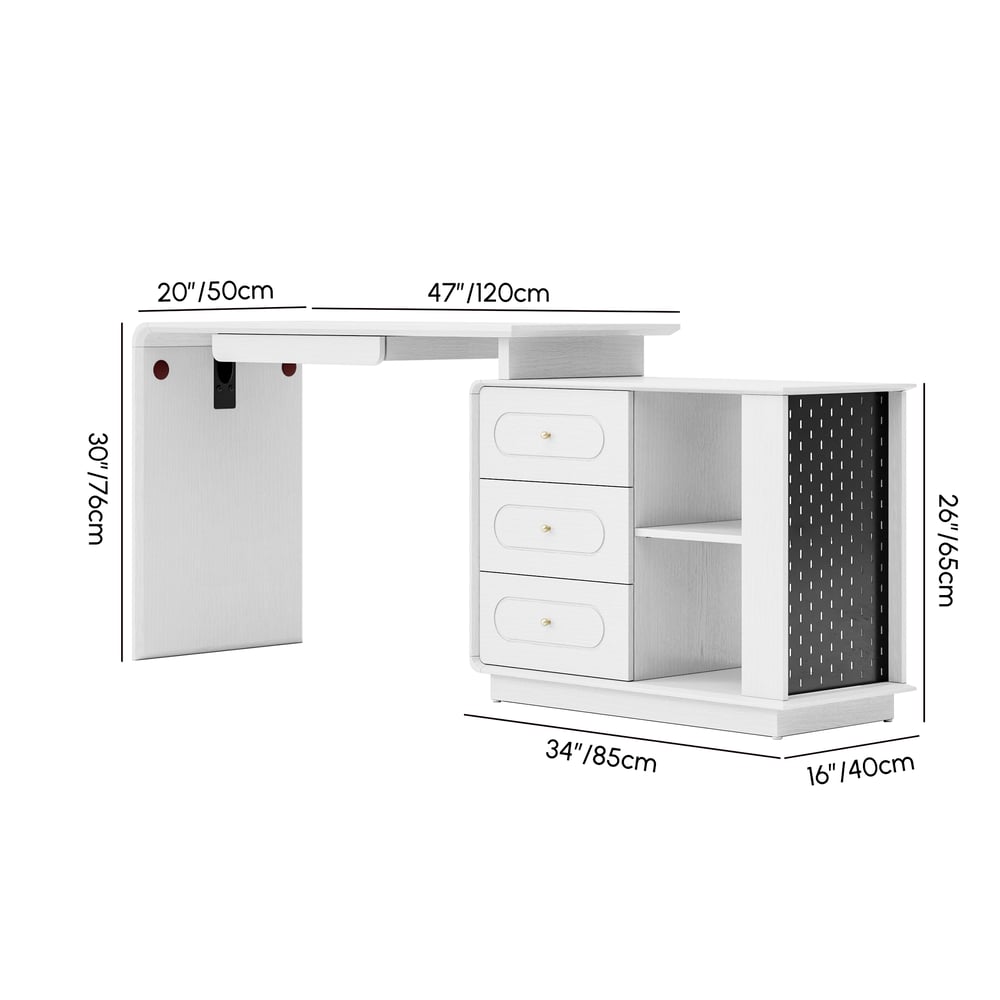 Modern 73" L-Shaped White Rotating Desk with Keyboard Tray & Storage weights dimensions image