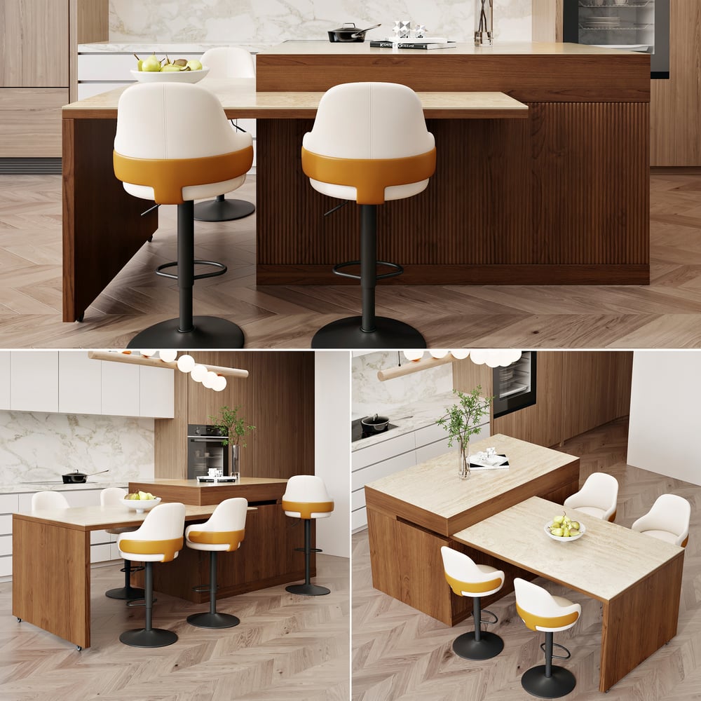 Îlot central de cuisine moderne extensible 205-284 cm avec plateau en pierre frittée mate finition noyer et rangement image de fenêtre