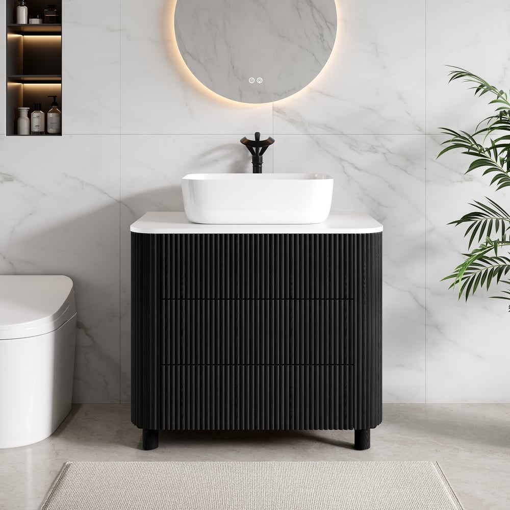 80cm Fluted Freestanding Bathroom Vanity with Vessel Sink, 3-Drawers, Sintered Stone top window image