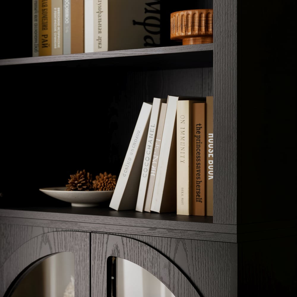 Arune Black Chest Bookcase with Storage Cabinet & LED Light window image