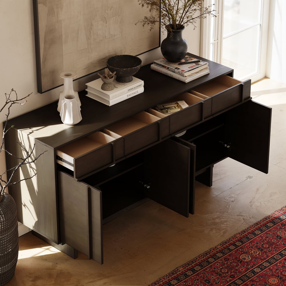 Panvyr Mid Century 60" Smoky Brown Wood Sideboard with Storage & Adjustable Shelves window image