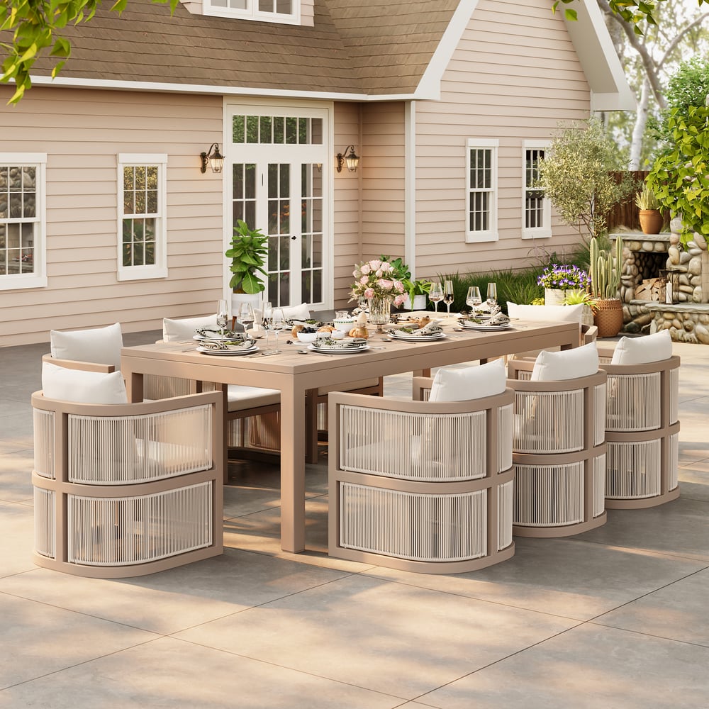 Wevara 87" Sand-Finished Aluminum Slatted Outdoor Dining Table in Sand window image