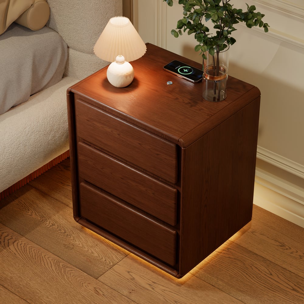 Haloa Walnut 3-Drawer LED Nightstand with Charging Station window image