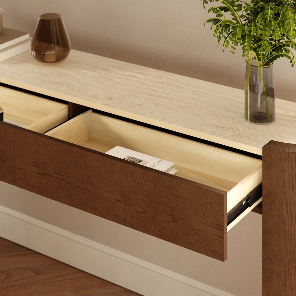 Console ovale Japandi de 60 pouces en pierre frittée avec 2 tiroirs image de fenêtre