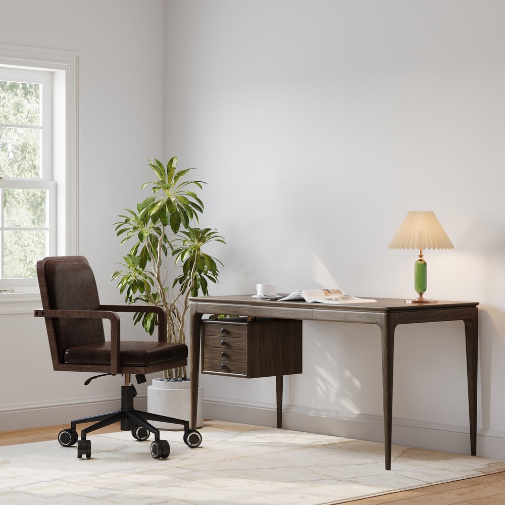Tanic bureau 140 cm van essenhout, rookbruin, met 3 laden Vensterafbeelding