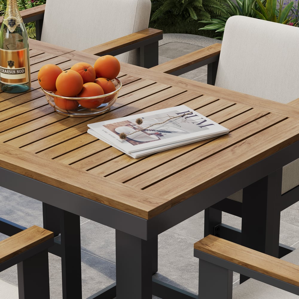 Tevara Teakhouten Moderne Outdoor Bar Set Donkergrijs Frame & Warm Wit Kussen Vensterafbeelding