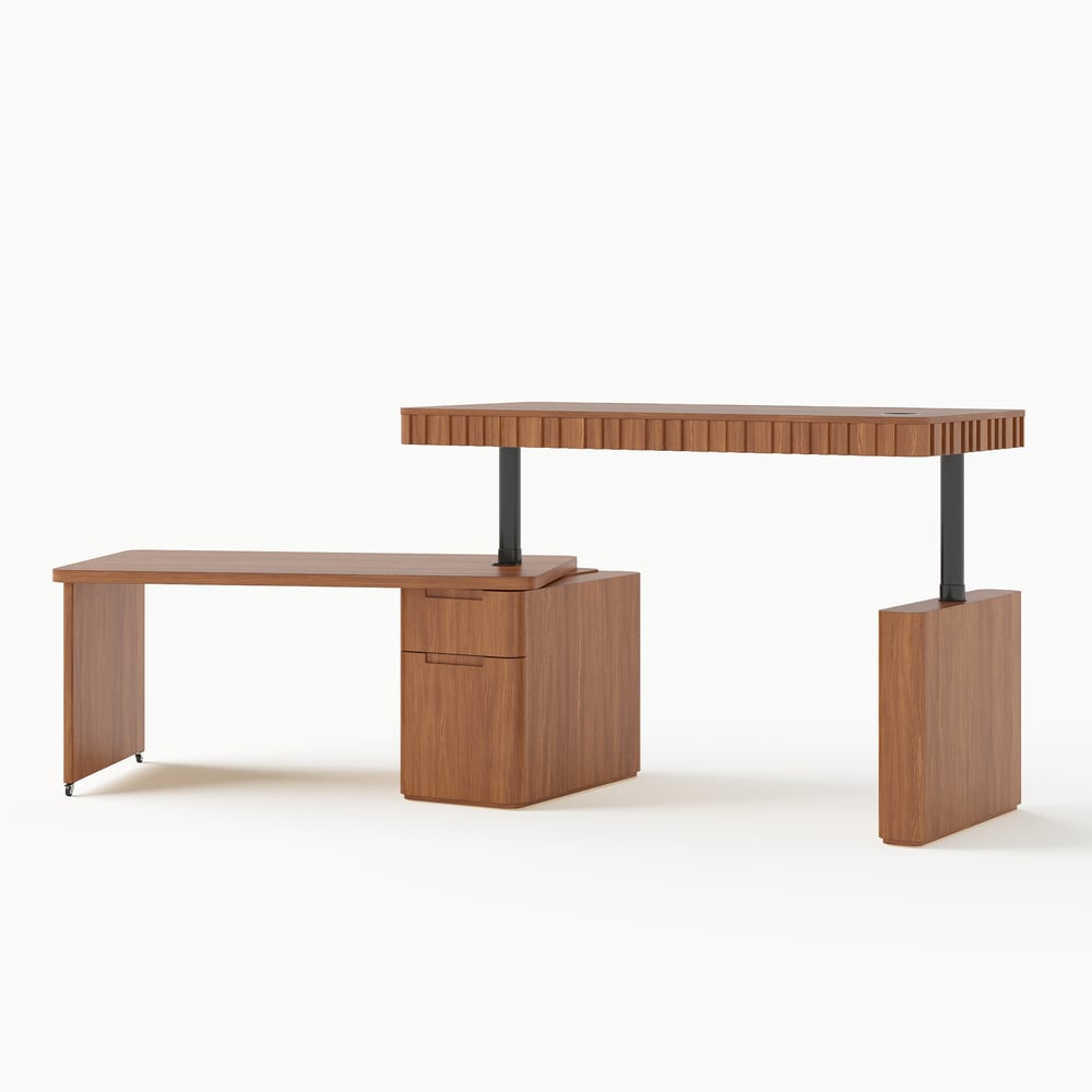 Aura 63" Walnut Flutted 360-Degree Rotating Desk Electric Adjustable Standing Desk window image