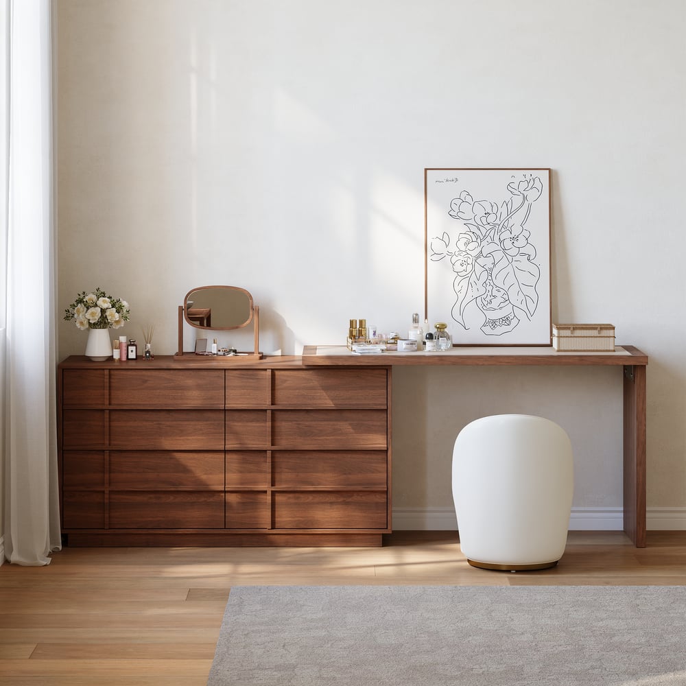 Panvyr Wooden Extendable L-Shaped Makeup Vanity Dresser with Vanity Mirror (49"–94") window image