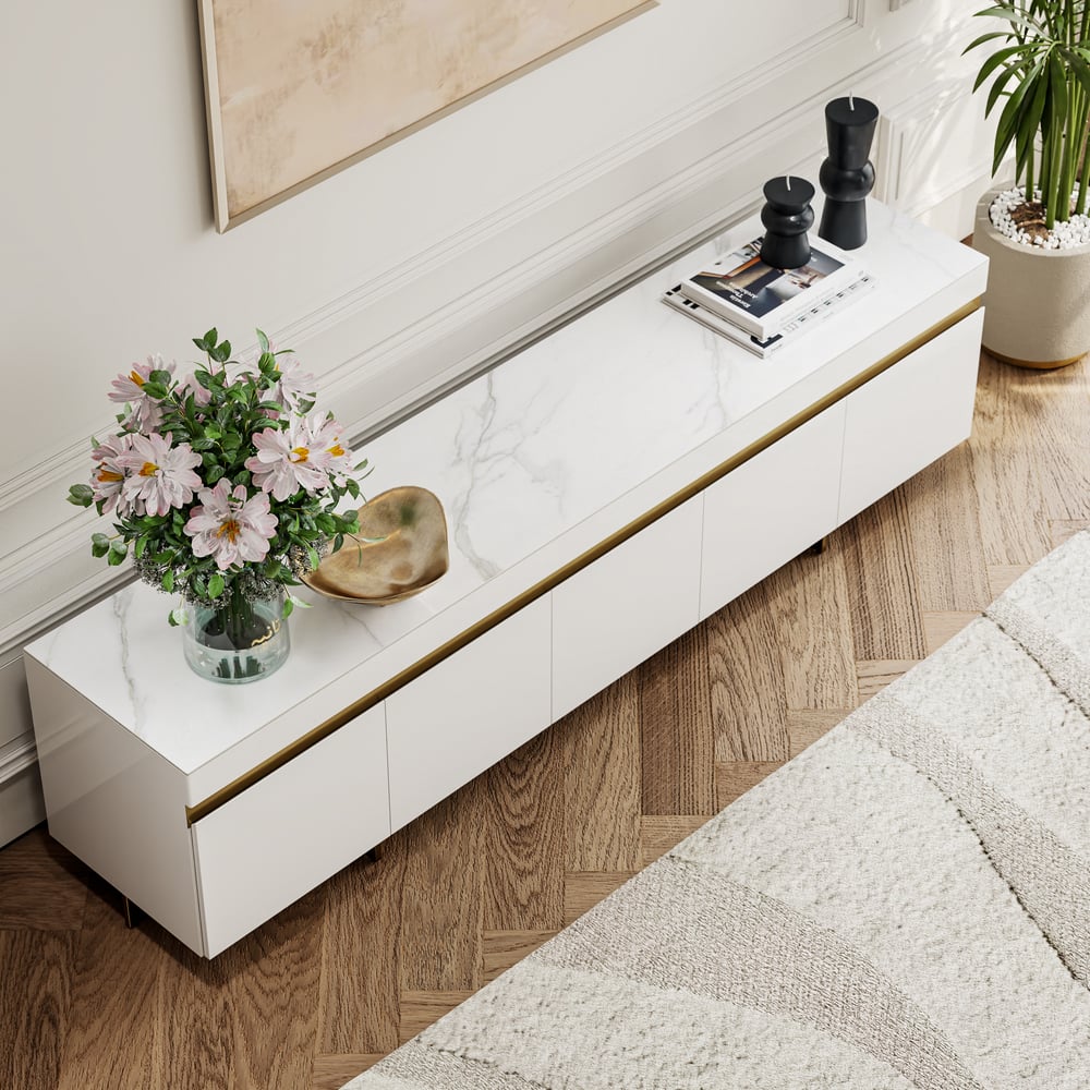 86" White Sintered Stone Top TV Stand with 4 Drawers window image